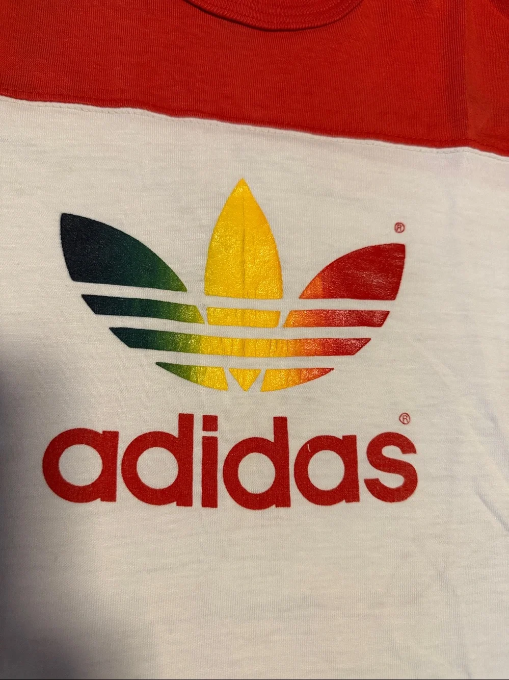 adidas vintage 1970s to early 1980s Rainbow Trefoil block-panel ringer shirt